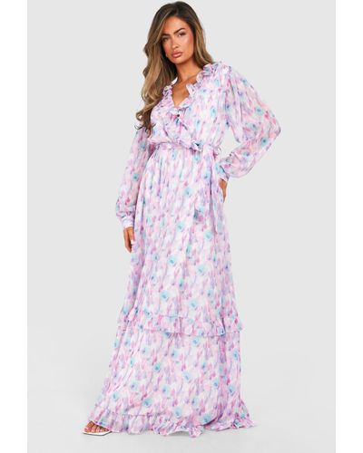 Boohoo Blurred Floral Print Ruffle Detail Maxi Dress - Morado
