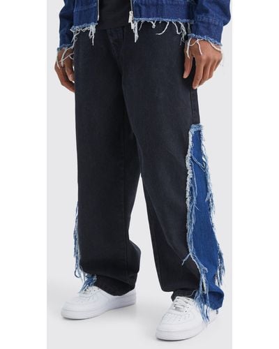 Boohoo Baggy Rigid Frayed Spliced Jeans In True Black - Blue