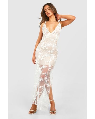 Boohoo Sheer Lace Plunge Maxi Slip Dress - White