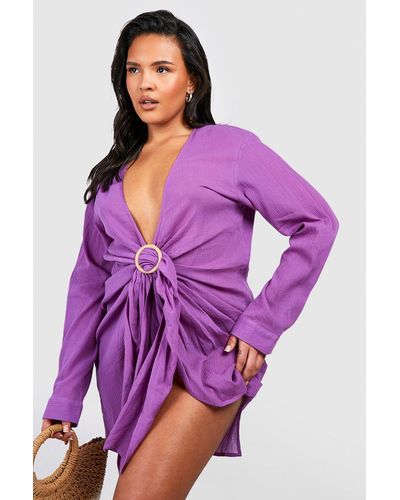 Boohoo Plus Cheesecloth Ring Detail Beach Dress - Purple