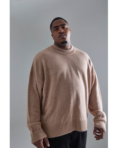BoohooMAN Plus Oversized Knitted Drop Shoulder Sweater In Stone - Brown