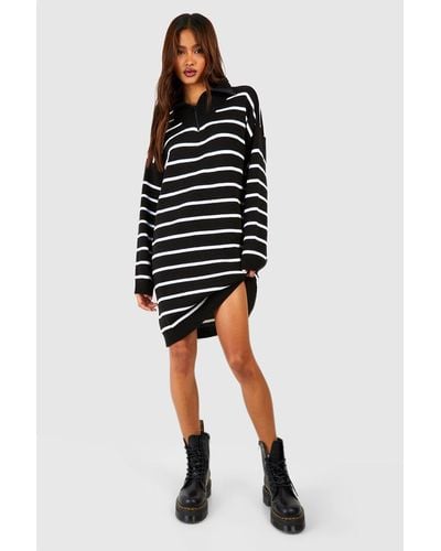 Boohoo Tall Half Zip Slim Stripe Knitted Sweater Dress - Black