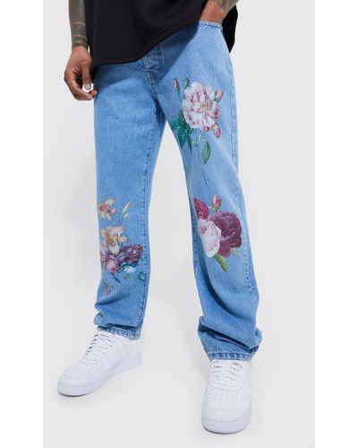 BoohooMAN Relaxed Fit Floral Print Jeans - Blue