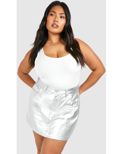 Boohoo Plus Metallic Denim Mini Skirt - Blanco
