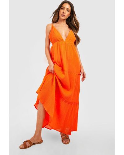 Boohoo Cheesecloth Plunge Maxi Dress - Orange