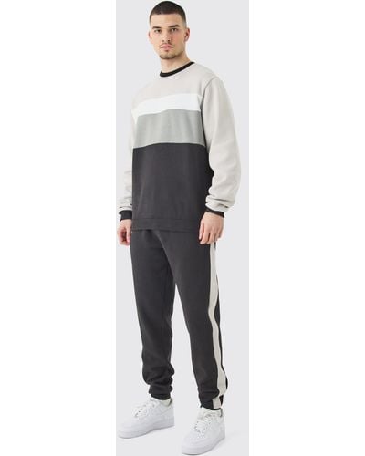 BoohooMAN Tall Core Color Block Sweater Tracksuit - Gray