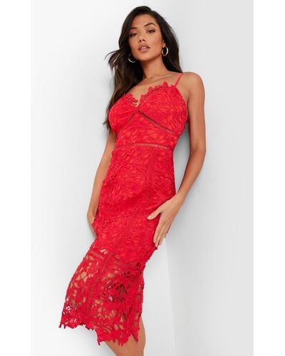 Boohoo Lace Panelled Open Back Midi Dress - Red