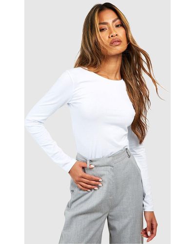 Boohoo Long Sleeve Basic Crew Neck Jersey Knit Fitted Tshirt - White