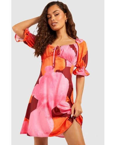Boohoo Abstract Floral Puff Sleeve Sundress - Red