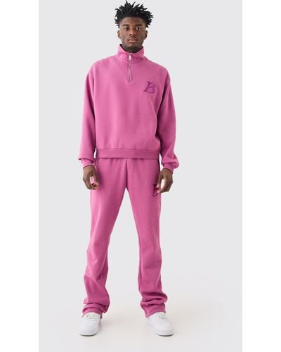 BoohooMAN Oversized Boxy B 1/4 Zip Stacked Tracksuit - Pink