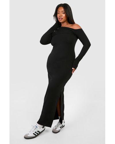 Boohoo Plus Ruched Bardot Long Sleeve Maxi Dress - Negro