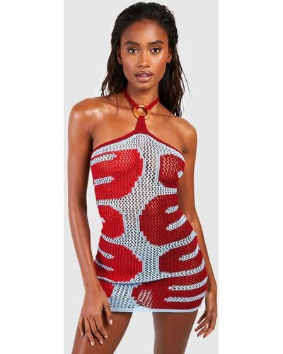 Boohoo Crochet Halter Neck Square Ring Beach Dress - Brown