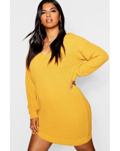 Boohoo Plus Bella V Neck Sweater Mini Dress - Yellow