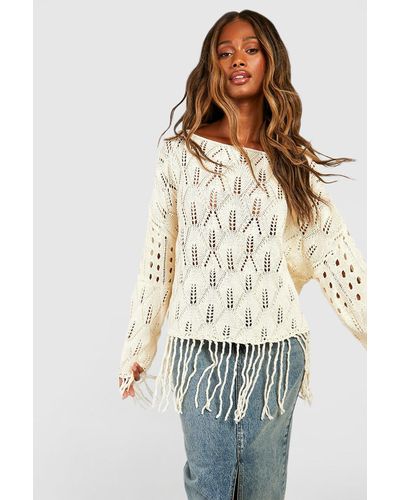Boohoo Crochet Tassel Hem Crop Sweater - White