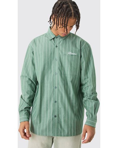 BoohooMAN Long Sleeve Oversized Embroidered Stripe Shirt - Grün