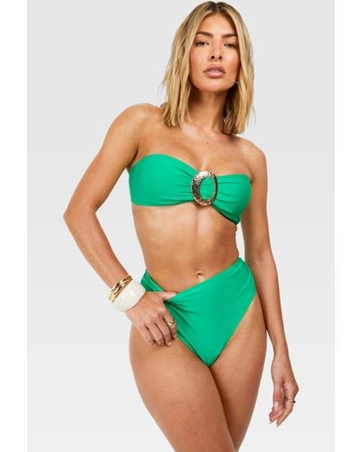 Boohoo Gold Trim Bandeau High Waist Bikini Set - Green