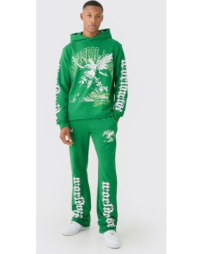 BoohooMAN Regular Fit Large Graphic Raw Hem Flared Tracksuit - Green