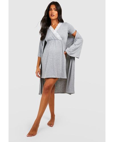Boohoo Maternity Nursing Nightgown & Kimono Robe Set - Gray