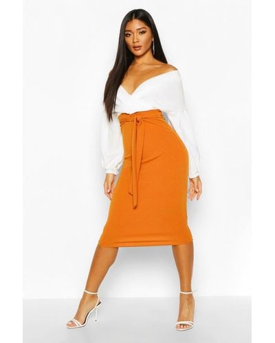Boohoo Contrast Off Shoulder Wrap Midi Dress - Orange