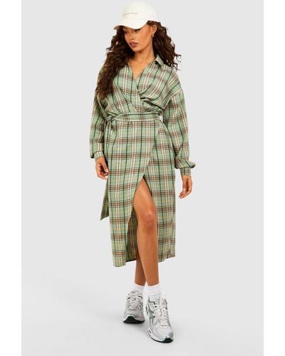 Boohoo Flannel Wrap Midi Shirt Dress - Green