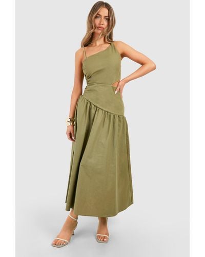 Boohoo Linen Cut Out Asymmetric Midaxi Dress - Green