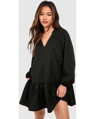 Boohoo Poplin Blouson Sleeve Trapeze Mini Smock Dress - Black