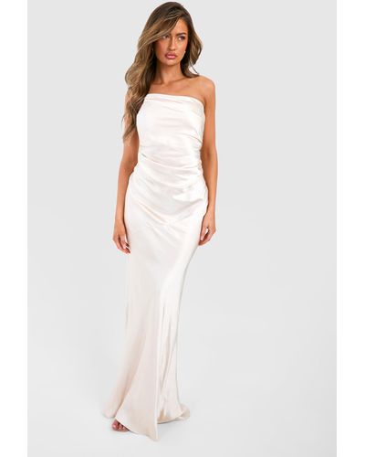 Boohoo Bridesmaid Satin Strappy Asymmetric Maxi Dress - White