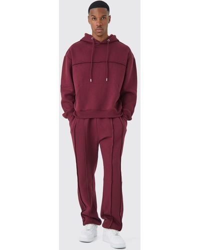 BoohooMAN Oversized Boxy Seam Detail Hooded Tracksuit - Red