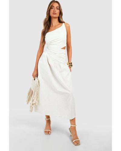 Boohoo Linen Cut Out Asymmetric Midaxi Dress - White