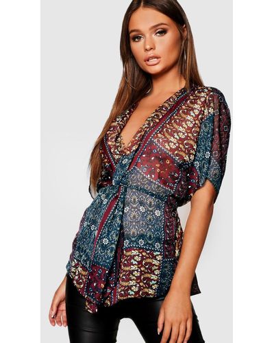 Boohoo Blusa Con Nudo Y Estampado Bohemio - Azul