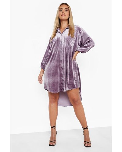 Boohoo Plus Velvet Oversized Shirt Dress - Purple