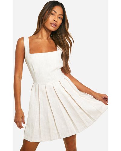 Boohoo Boucle Pleated Mini Dress - White