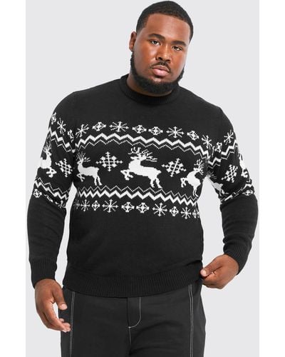 BoohooMAN Plus Reindeer Fairisle Panel Christmas Sweater - Black