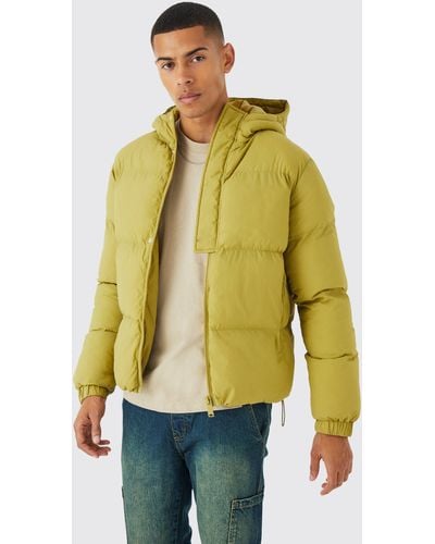 BoohooMAN Boxy Hooded Puffer With Half Placket - Yellow