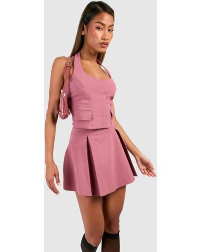 Boohoo Pocket Detail Halterneck Top & Pleated Mini Skirt - Pink