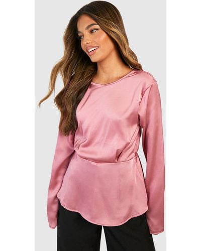 Boohoo Satin Pleat Front Wrap Back Blouse - Pink