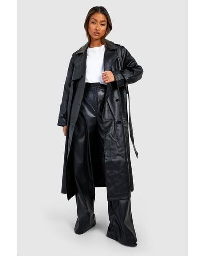 Boohoo Double Breast Faux Leather Maxi Trench Coat - Black
