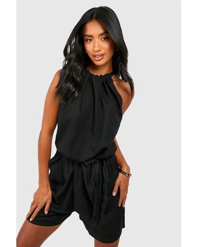 Boohoo Petite Belted Halter Linen Playsuit - Black