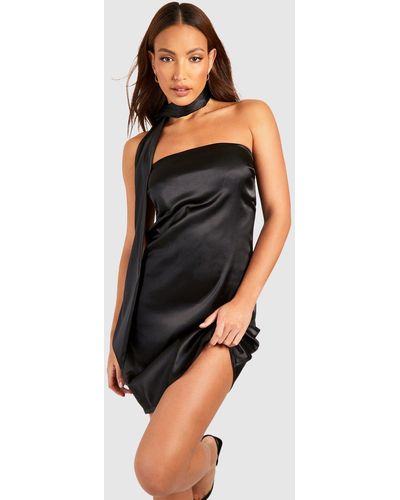 Boohoo Tall Satin Bandeau Mini Dress With Choker Necktie - Black