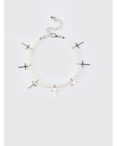 Boohoo Pearl Cross Pendant Bracelet In White - Blue