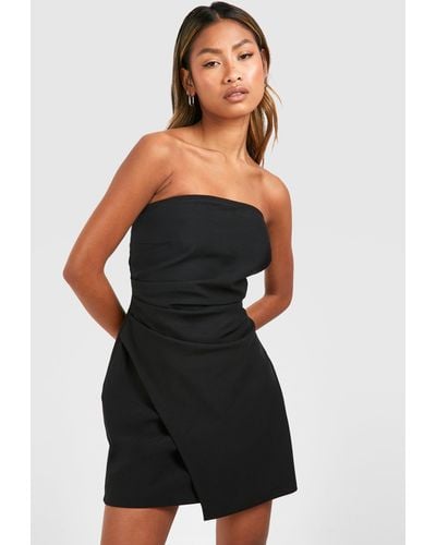 Boohoo Linen Look Drape Bandeau Tailored Mini Dress - Black