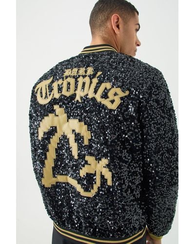 BoohooMAN Palm Zip Through Sequin Bomber - Gray