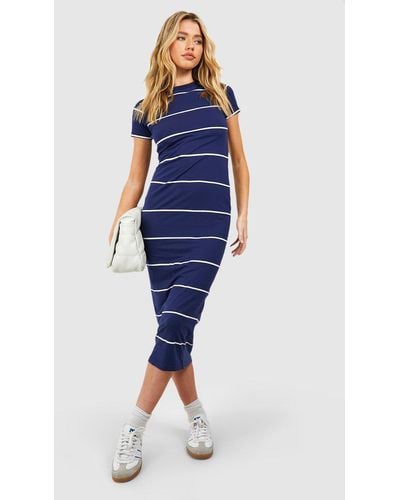 Boohoo Striped Cap Sleeve Bodycon Midaxi Dress - Blue