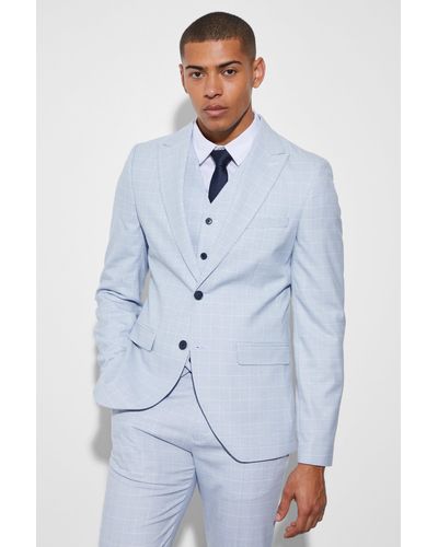 Boohoo Slim Single Breasted Micro Flannel Suit Jacket - Blue