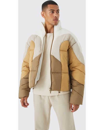 BoohooMAN Color Block Curved Panel Puffer - Natural