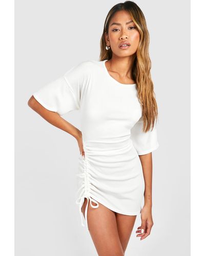 Boohoo Rib Ruched Mini T-shirt Dress - White