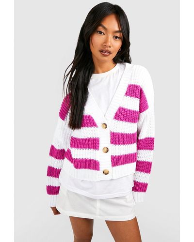 Boohoo Stripe Button Through Crop Cardigan - Pink