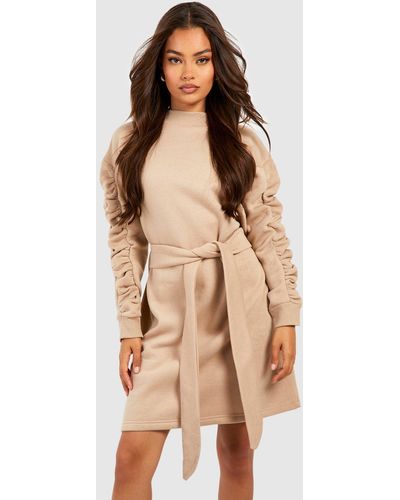 Boohoo Ruched Sleeve Sweater Dress - Natural