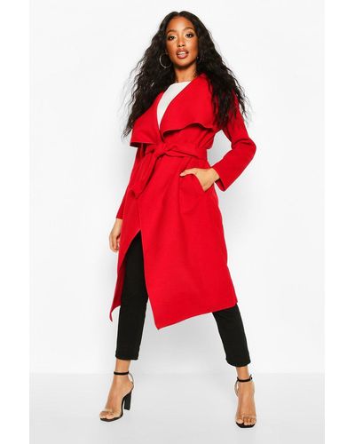 Boohoo Belted Waterfall Coat - Red
