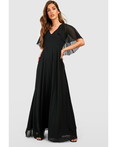 Boohoo Chiffon Cape Sleeve Maxi Bridesmaid Dress - Black